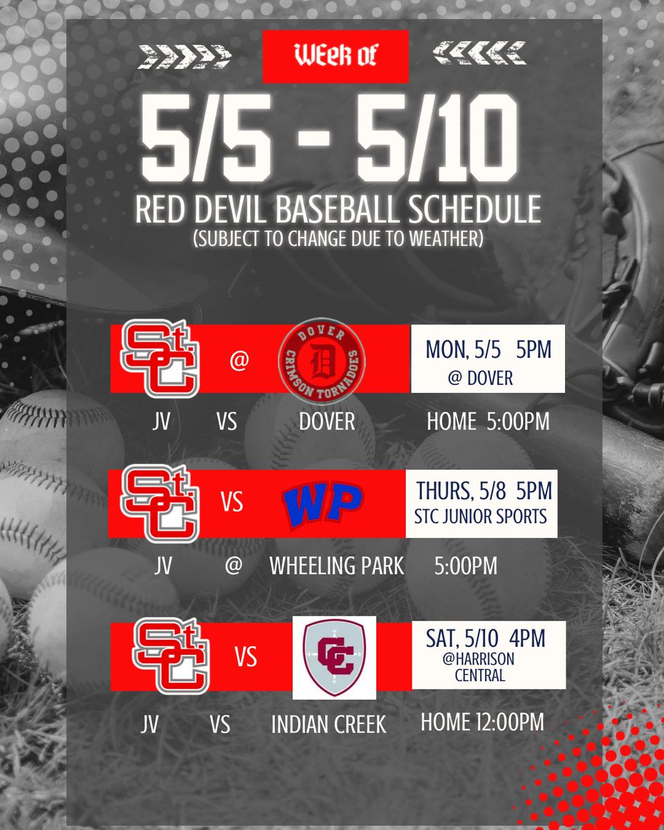 StCRedDevilBaseball (@stcbaseball1) on Twitter photo Saturday Update: Varsity will now play Wheeling Central at Harrison (4pm). JV will now play Indian Creek at HOME. (12pm)
<a href="/stcathletics1/">St.C. Athletics</a> Saturday Update: Varsity will now play Wheeling Central at Harrison (4pm). JV will now play Indian Creek at HOME. (12pm)
<a href="/stcathletics1/">St.C. Athletics</a>