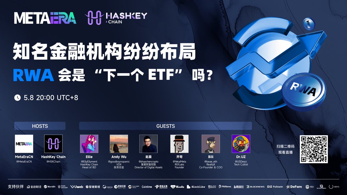 MetaEra 中文 (@metaeracn) on Twitter photo 🔥 知名金融机构纷纷布局,#RWA 会是 “下一个 #ETF” 吗?
⏰ 时间:5.8 20:00 UTC+8
🔗 链接:x.com/i/spaces/1LyxB…
✨ 主办方:<a href="/MetaEraCN/">MetaEra 中文</a>,<a href="/HSKChain/">HashKey Chain</a>
🎙️ 特邀嘉宾:<a href="/EllyEllyment/">EllyEllie</a>,<a href="/goodboynopanic/">AndyWu</a>,@zhaochencrypto,<a href="/YekaiMeta/">叶开</a>,<a href="/beae_eth/">BΞAΞ.eth 🦇🔊</a>,@USDesci
📅 设置闹钟与我们一起探索:
- RWA 🔥 知名金融机构纷纷布局,#RWA 会是 “下一个 #ETF” 吗?
⏰ 时间:5.8 20:00 UTC+8
🔗 链接:x.com/i/spaces/1LyxB…
✨ 主办方:<a href="/MetaEraCN/">MetaEra 中文</a>,<a href="/HSKChain/">HashKey Chain</a>
🎙️ 特邀嘉宾:<a href="/EllyEllyment/">EllyEllie</a>,<a href="/goodboynopanic/">AndyWu</a>,@zhaochencrypto,<a href="/YekaiMeta/">叶开</a>,<a href="/beae_eth/">BΞAΞ.eth 🦇🔊</a>,@USDesci
📅 设置闹钟与我们一起探索:
- RWA