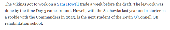 TPPSkol's tweet image. Looks like the @Vikings had the Sam Howell trade finalized before Day 3 of the draft.
(Via: @JFowlerESPN / @ESPN)
