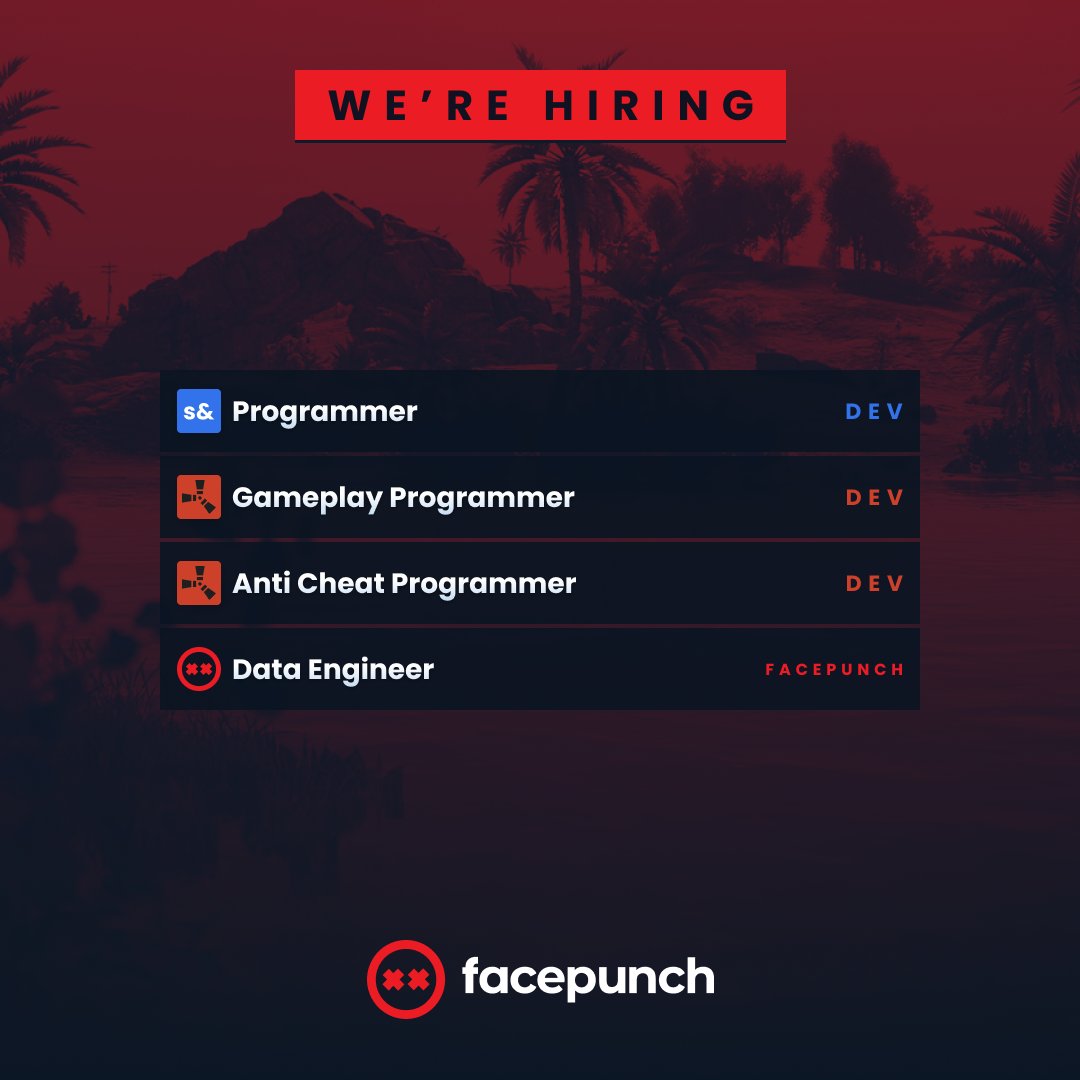 📣 We hiring!
Want to join our team? Head on over to our careers page for more information on the FOUR roles we have open: facepunch.com/careers ⬅️