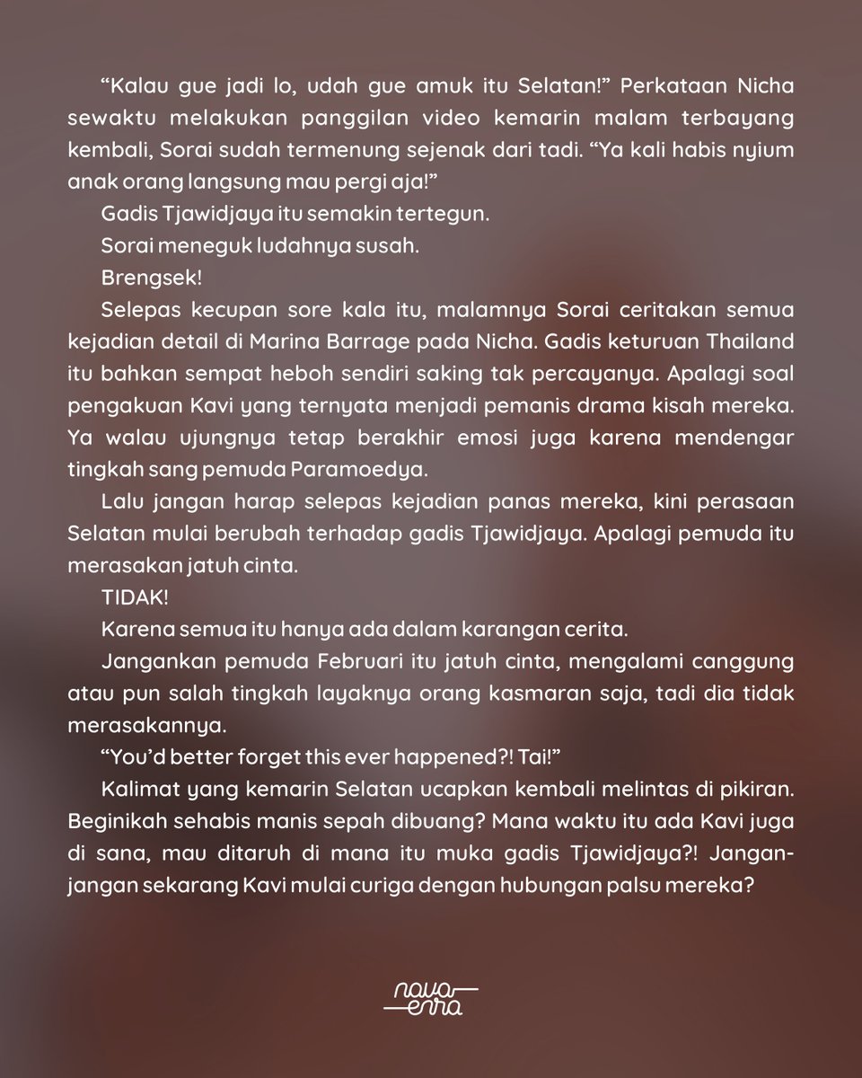 navaenra's tweet photo. "Perihal jatuh cinta sendiri, mungkin memang terasa lebih menyakitkan jika kita terus melakukannya lebih lama lagi."

— Gadis Sorai Tjawidjaya https://t.co/B3MBz6VA7Y