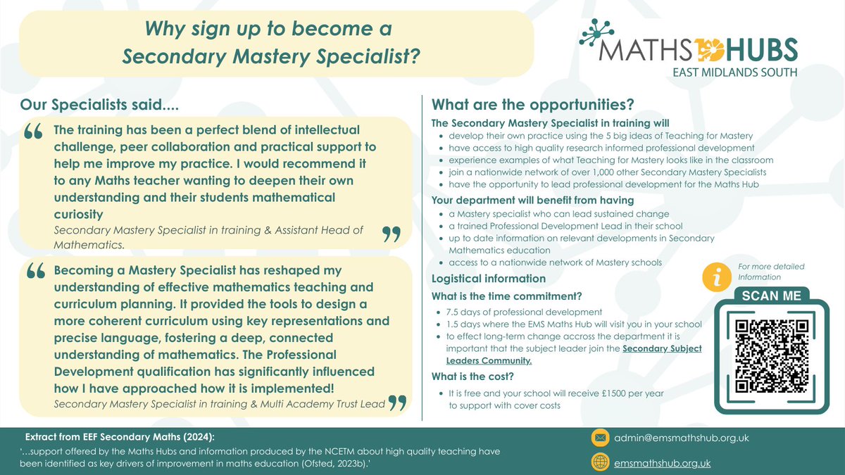 📢Secondary Maths Teachers 
Want to become a specialist in teaching for mastery and support your own school to develop teaching for mastery approaches? Join the Secondary Mastery Specialist Programme. Find out more- bit.ly/3W32MIs
<a href="/LeLTSH/">Leicester & Leicestershire Teaching School Hub</a>
<a href="/LRTSHub/">Leicestershire & Rutland Teaching School Hub</a>
<a href="/Northants_TSHub/">Northamptonshire Teaching School Hub</a>