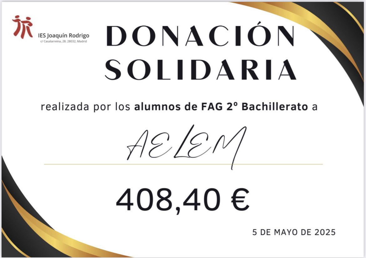 ijoaquinrodrigo's tweet photo. ¡Los alumnos de #FAG de #2BACH siguen contribuyendo a la causa de #AELEM con una nueva donación de dinero recaudado poniendo en práctica la teoría de la asignatura! ¡Muchas gracias! #40Aniversario #CrecerParaContarlo #joaquinrodriguismo https://t.co/mPx2EQb85O