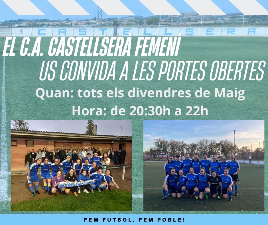 Durant aquest mes de maig convidem a totes les noies que us agradi jugar a futbol, a les PORTES OBERTES  del club!
Serà tots els diumenges d'aquest maig al camp.
Anima't a venir sense cap compromís a provar-ho!