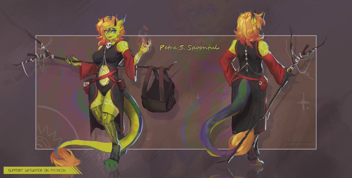 Character sheet for <a href="/excarnis/">Excarnis</a> 💚💛🧡

#furryartist #kobold