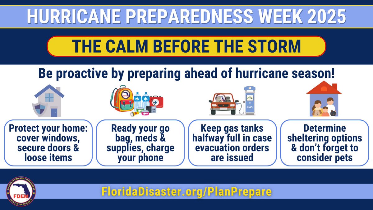 Today’s focus for Hurricane Preparedness Week is about what to do when a storm threatens your area.

➡ Visit FloridaDisaster.org/PlanPrepare/Ho…  to find more information!