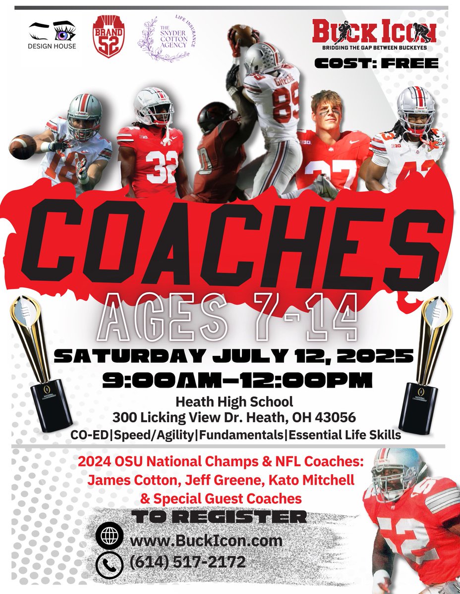 HEATHHSFOOTBALL's tweet photo. Big opportunity coming for youth football players in the Licking County area. July 12, Heath will be hosting a free skills and development camp! Register today! @BuckIcon https://t.co/FcuuBBjmna