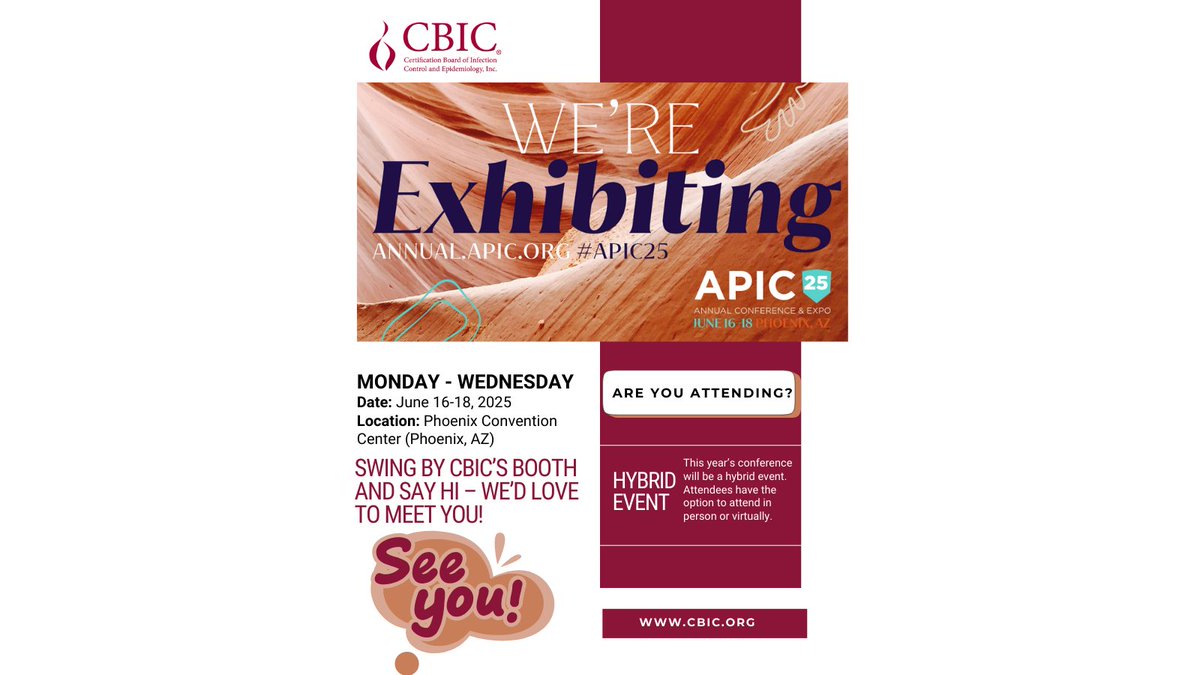 💥📢 Phoenix, get ready for the infection prevention takeover! CBIC will be at APIC Annual Conference, June 16-18, to share all about CBIC certification, and network with the best in our field! 

Register today! 2025apic.eventscribe.net

 #InfectionPrevention #APIC25
