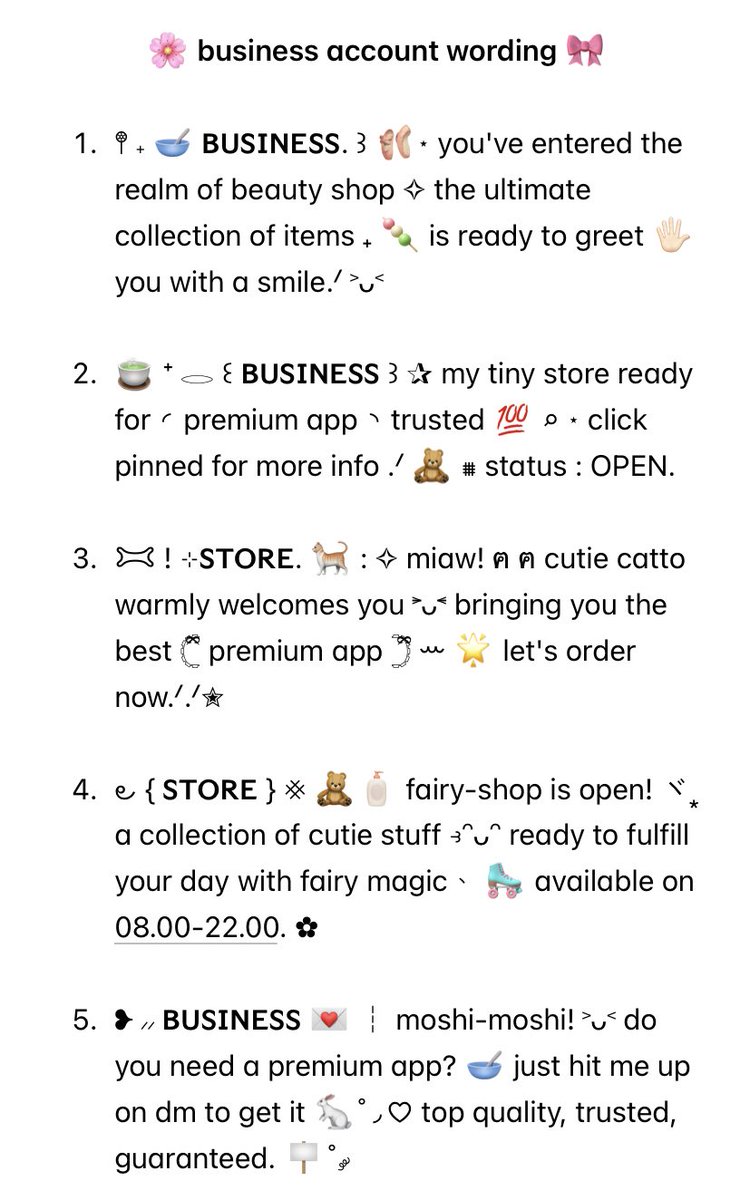 spwanlake's tweet image. ⠀ 

Repost would be appreciated! 💗

🎀 Hai, temen-temen! Aku bawa 5 wording ready stock untuk business account. Kalau tertarik bisa langsung DM aku dengan menyebutkan angka di pictnya yaa! 🩰

💌 IDR 3.500. #zonauang ba wording

⠀