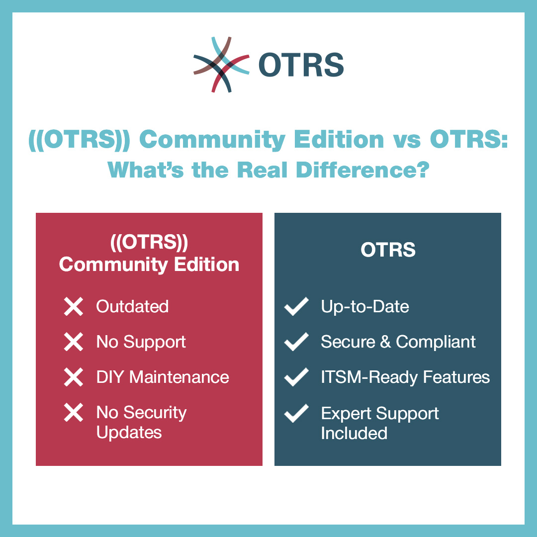 Are you still using the ((OTRS)) Community Edition?

Without updates, official support, or security patches, it poses increasing challenges for IT teams. 

Learn why many organizations are making the switch: bit.ly/42OBDw1
#OTRSCommunityEdition #ITSM