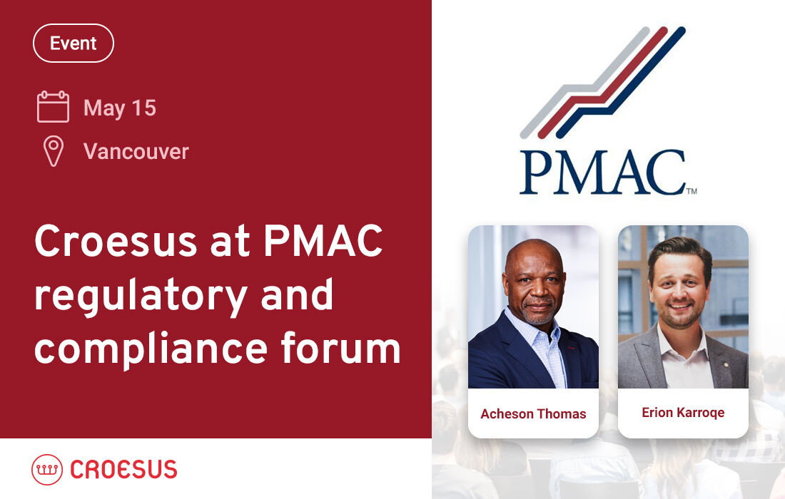 CroesusFin's tweet photo. At Croesus, the needs of wealth management professionals are central to everything we do. Our team will be at the PMAC Regulatory &amp; Compliance Forum in Vancouver next week.

#PMAC #Compliance #WealthManagement #FinancialTechnology #Regulation #Vancouver #FinTechCanada https://t.co/oO1Pn2WC2N