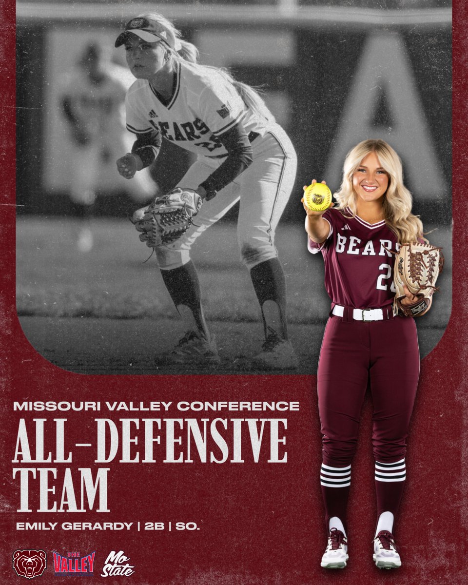 MoStateSoftball's tweet photo. 🌟 MVC All-Defensive Team 🌟

Emily Gerardy represents Missouri State on the MVC All-Defensive Team for the first time in her career!

🔗 https://t.co/BngEmHGoMC

#GoBears | #Team57 https://t.co/zHQF1XyxrJ