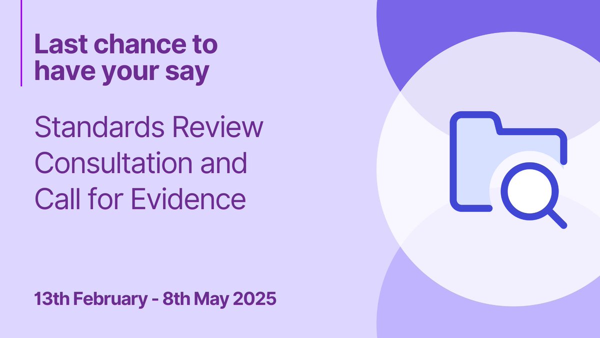 📢 Last chance to have your say 📢

Our Standards Review consultation and Call for Evidence are both closing tomorrow! 

Respond to the consultation and the Call for Evidence here, to help us shape our Standards: professionalstandards.org.uk/improving-regu…