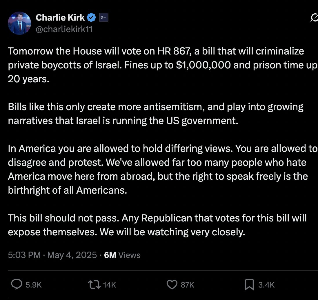 ilyseh's tweet image. This is how strange these times are; I have finally found something that Charlie Kirk and I agree upon. This bill will not make Jewish people safer, and it will further undermine the rule of law in a country founded on freedom of speech and freedom to protest. Come on people.