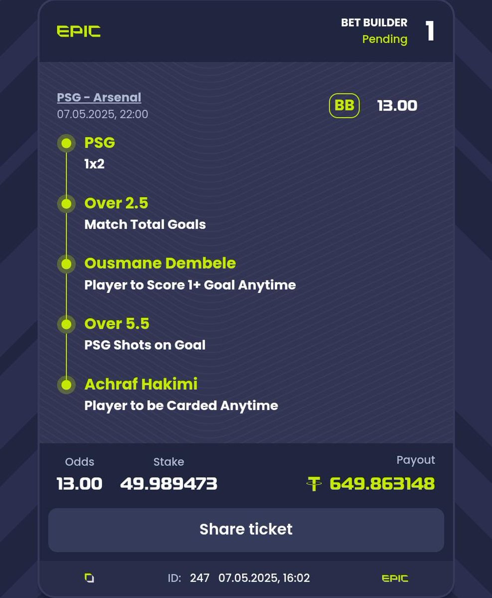 Benjamin ๐ต (@benjeenft) on Twitter photo Last night was EPIC with 7 goals flying in โฝ๐ฅ
Second leg of the 2nd semifinal: PSG vs Arsenal ๐ซ๐ท๐ด
Would we get the same chaos and rhythm tonight? ๐ฏ๐ฎโ๐จ
epicbet.com/?betlink=EPIC7โฆ
My bet is in โ and itโs loaded ๐งจ๐ฐ
How do you see it ending? ๐๐ฃ๏ธ
#UCL #EpicBet Last night was EPIC with 7 goals flying in โฝ๐ฅ
Second leg of the 2nd semifinal: PSG vs Arsenal ๐ซ๐ท๐ด
Would we get the same chaos and rhythm tonight? ๐ฏ๐ฎโ๐จ
epicbet.com/?betlink=EPIC7โฆ
My bet is in โ and itโs loaded ๐งจ๐ฐ
How do you see it ending? ๐๐ฃ๏ธ
#UCL #EpicBet