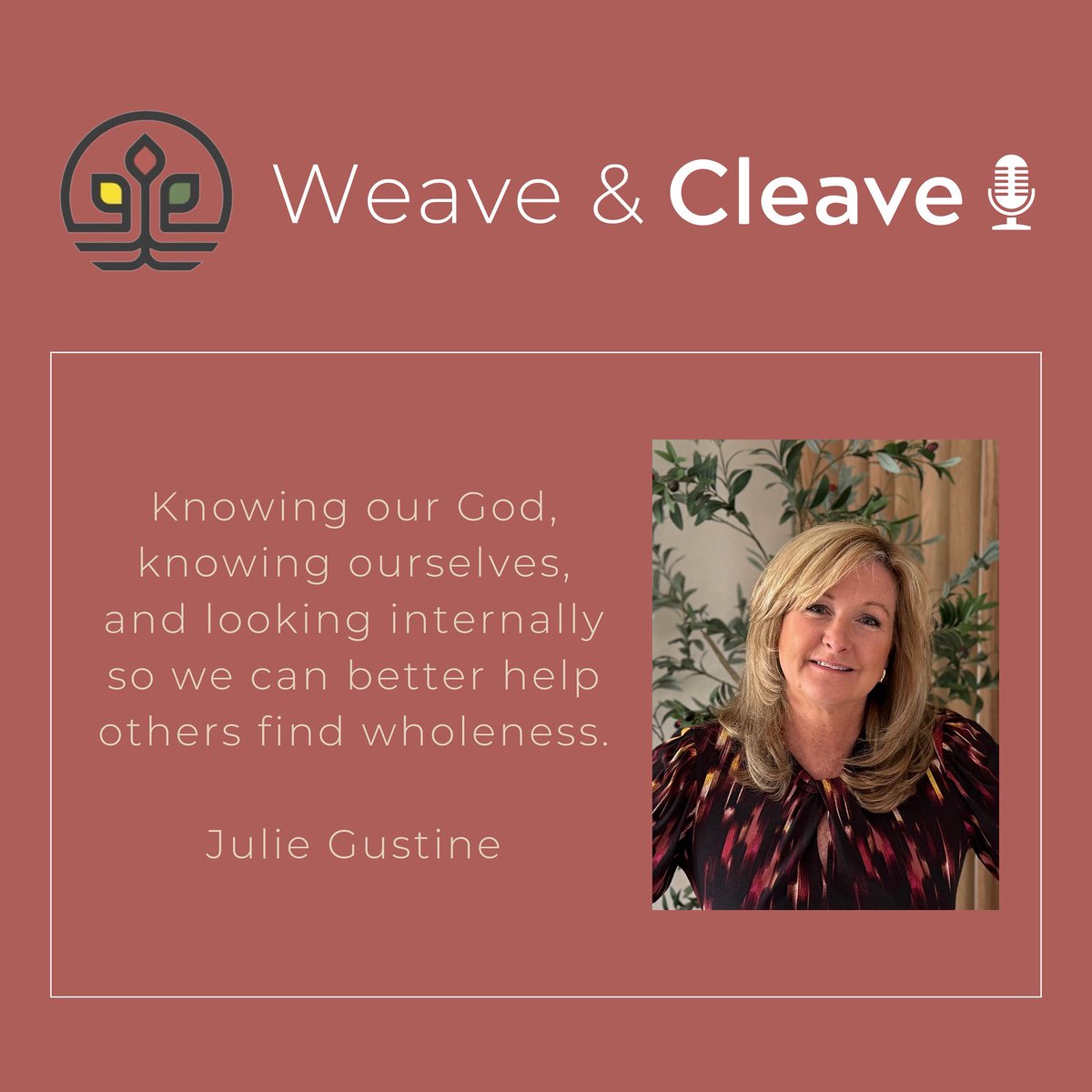 Weave &amp; Cleave Podcast (The Faithful City)
Weaving Voices of Resilience and Belonging

Season 4 Episode 9: 
Leading With Jesus, Like Jesus: An Interview with Julie Gustine 

Spreaker
spreaker.com/episode/leadin…

Apple Podcast 
podcasts.apple.com/us/podcast/wea…