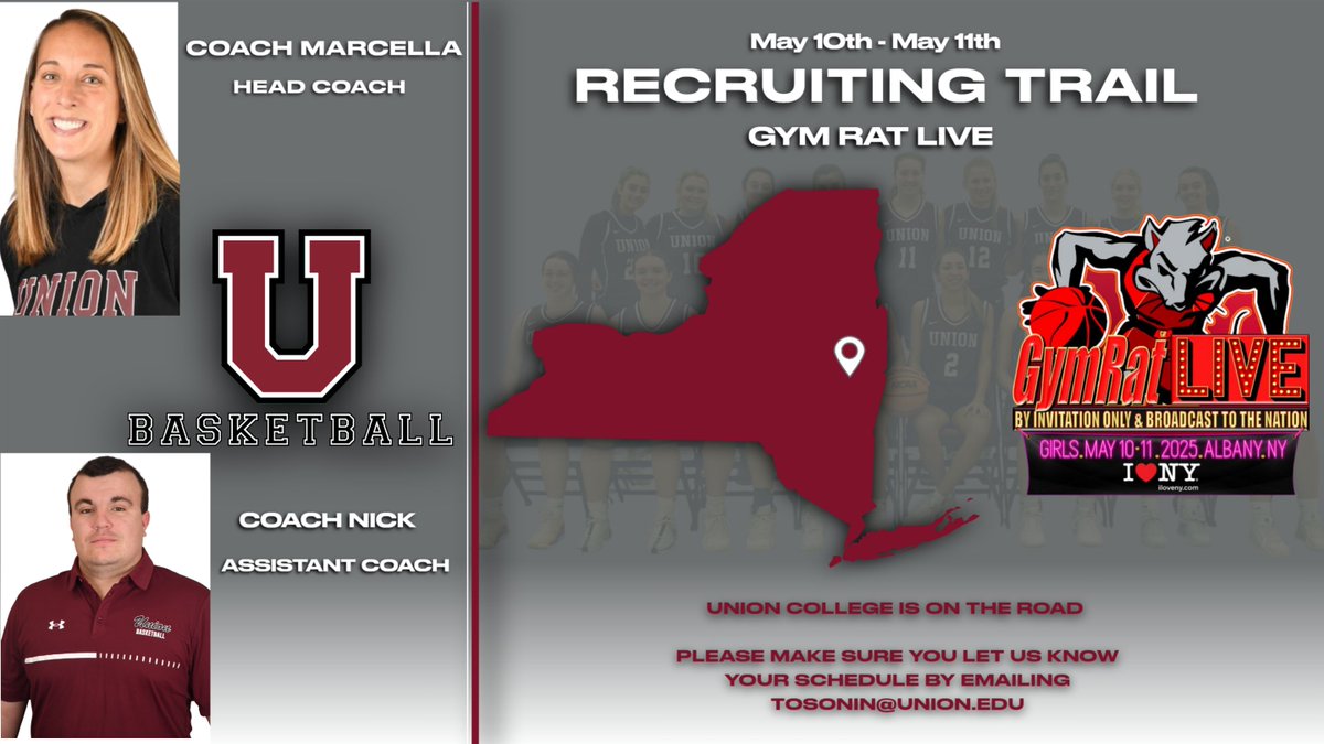 Union College Women's Basketball (@unioncollegewbb) on Twitter photo This weekend Coach Marcella and Coach Nick will be at GYMRAT LIVE in Clifton Park, NY at the Impact Center.
Please email us your schedule if you are attending at tosonin@union.edu!
#UCWBB🏀 #ChallengeYourself #SupportEachOther This weekend Coach Marcella and Coach Nick will be at GYMRAT LIVE in Clifton Park, NY at the Impact Center.
Please email us your schedule if you are attending at tosonin@union.edu!
#UCWBB🏀 #ChallengeYourself #SupportEachOther