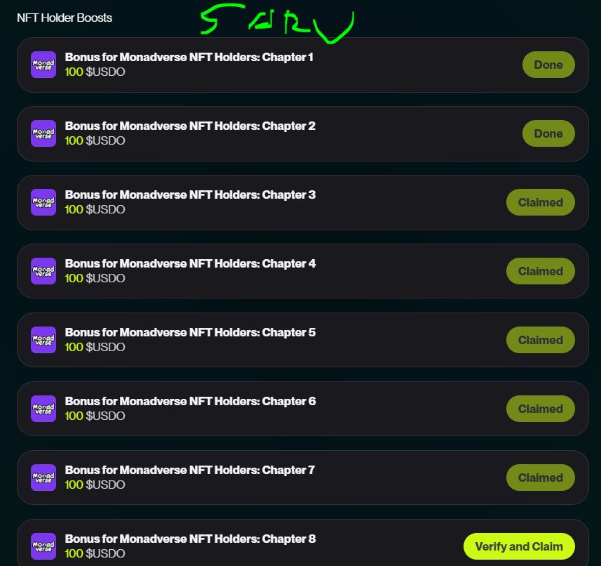 Đủ 8 tuần Monadverse NFT Holders: Chapter 1~8
Vào claim $USDO nha các bác!

app.olab.xyz/taskCenter
Code của Saru
SxIehcsW

Trade, điểm danh lấy tx, lấy point +50 point mỗi ngày.

Hệ này làm cho vui, chờ #monad  nổ to thì con này cũng có thêm vài lon bia...