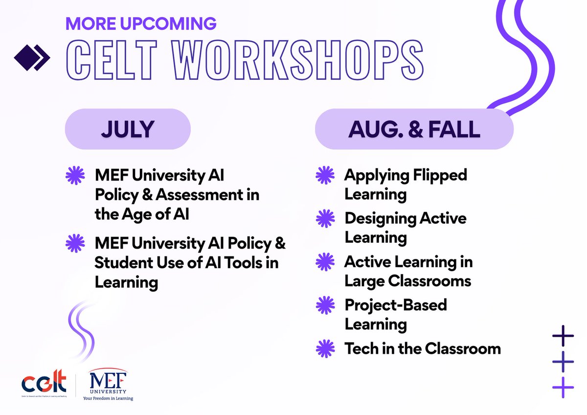 mefcelt's tweet image. See our workshops for this month and the future for our faculty members! You can register via the email we'll send out.
Fakülte üyelerimiz için bu ayki ve gelecekteki atölyelerimize göz atın! Kayıt olmak için göndereceğimiz e-postayı takip edebilirsiniz.