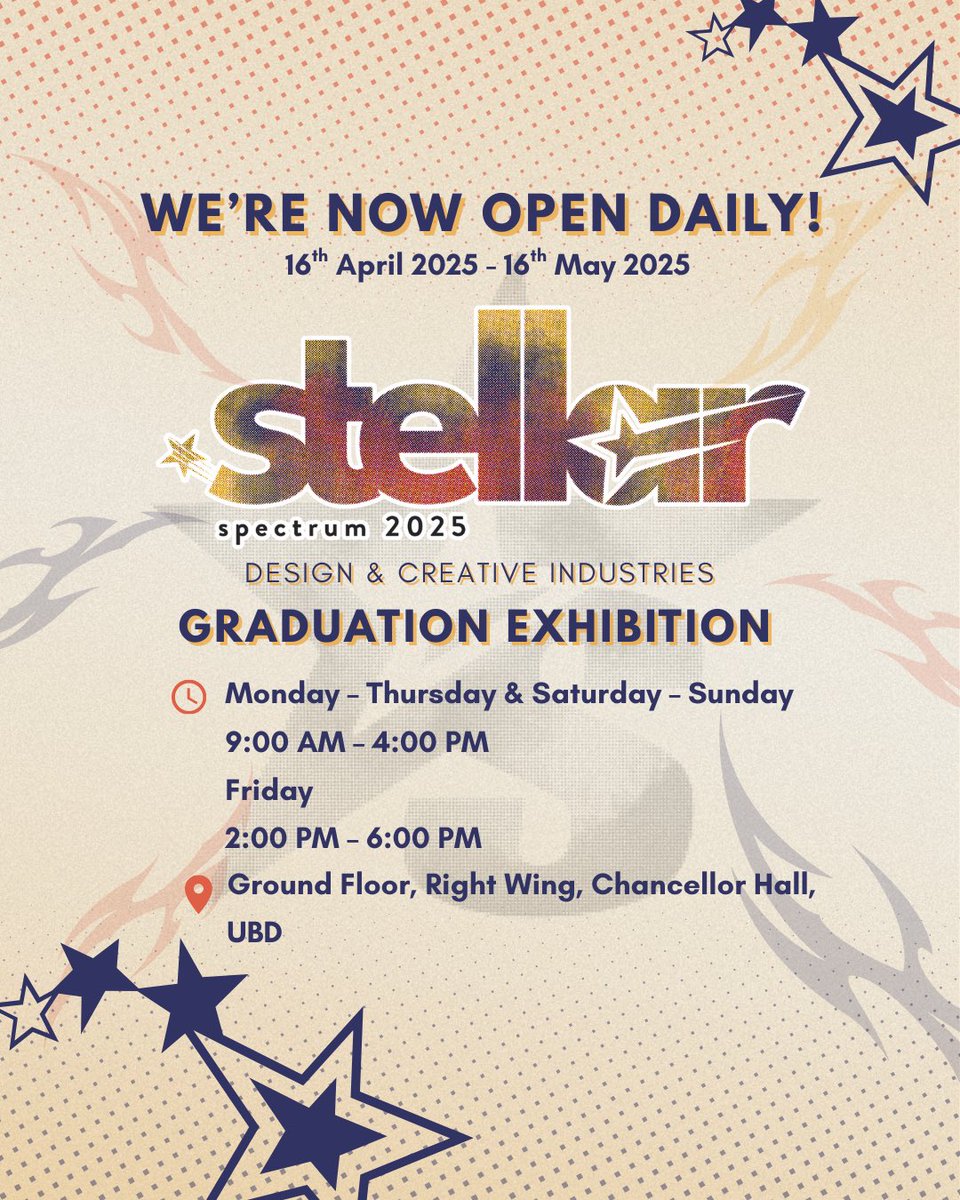UBDSpectrum's tweet photo. We’re now open everyday! 😄✨
Catch us at Right Wing Chancellor Hall, UBD starting this week ⭐️

📌 Mon–Thu &amp; Sat–Sun: 9AM–4PM &amp; Friday: 2PM–6PM

Come drop by and experience the exhibition, see you there! 🤭🙌🏻

#ubdspectrum #ubdspectrum2025 #stellar2025 #Spectrum2025 #ubd #dci https://t.co/cZhaKwnF45