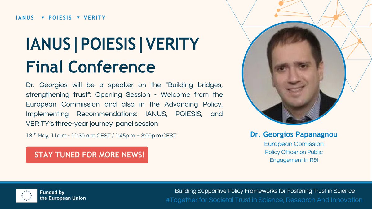 POIESIS project (@poiesis_project) on Twitter photo We are excited to welcome Dr. Georgios Papanagnou as a speaker at the <a href="/IanusProject/">IANUS Project / @ianus-project.bsky.social</a> | POIESIS | <a href="/VerityEU/">VERITY</a> Final Conference in Brussels!
🗓️ When: 13th May
💎 11:00–11:30 – "Building Bridges, Strengthening Trust"
💎13:45–15:00 – "Advancing Policy, Implementing Recommendations" We are excited to welcome Dr. Georgios Papanagnou as a speaker at the <a href="/IanusProject/">IANUS Project / @ianus-project.bsky.social</a> | POIESIS | <a href="/VerityEU/">VERITY</a> Final Conference in Brussels!
🗓️ When: 13th May
💎 11:00–11:30 – "Building Bridges, Strengthening Trust"
💎13:45–15:00 – "Advancing Policy, Implementing Recommendations"