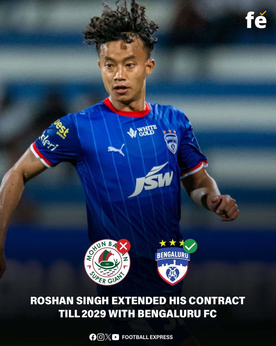 FExpressIndia's tweet image. Roshan Singh commits his future to Bengaluru FC till 2029!
Turning down Mohun Bagan, he’s here to stay and shine at the Fortress! 💪💙

#RoshanSingh #BengaluruFC #IndianFootball #ISL #TransferNews #FootballExpress