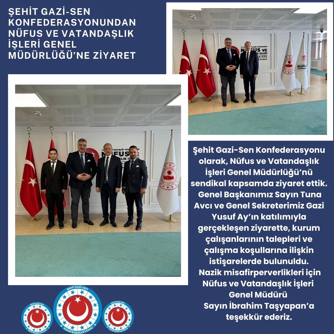 Şehit Gazi-Sen Konfederasyonu olarak, Nüfus ve Vatandaşlık İşleri Genel Müdürlüğü'nü sendikal kapsamda ziyaret ettik.

Genel Başkanımız Sayın Tuna Avcı ve Genel Sekreterimiz Gazi Yusuf Ay'ın katılımıyla gerçekleşen ziyarette, kurum çalışanlarının talepleri ve çalışma koşullarına