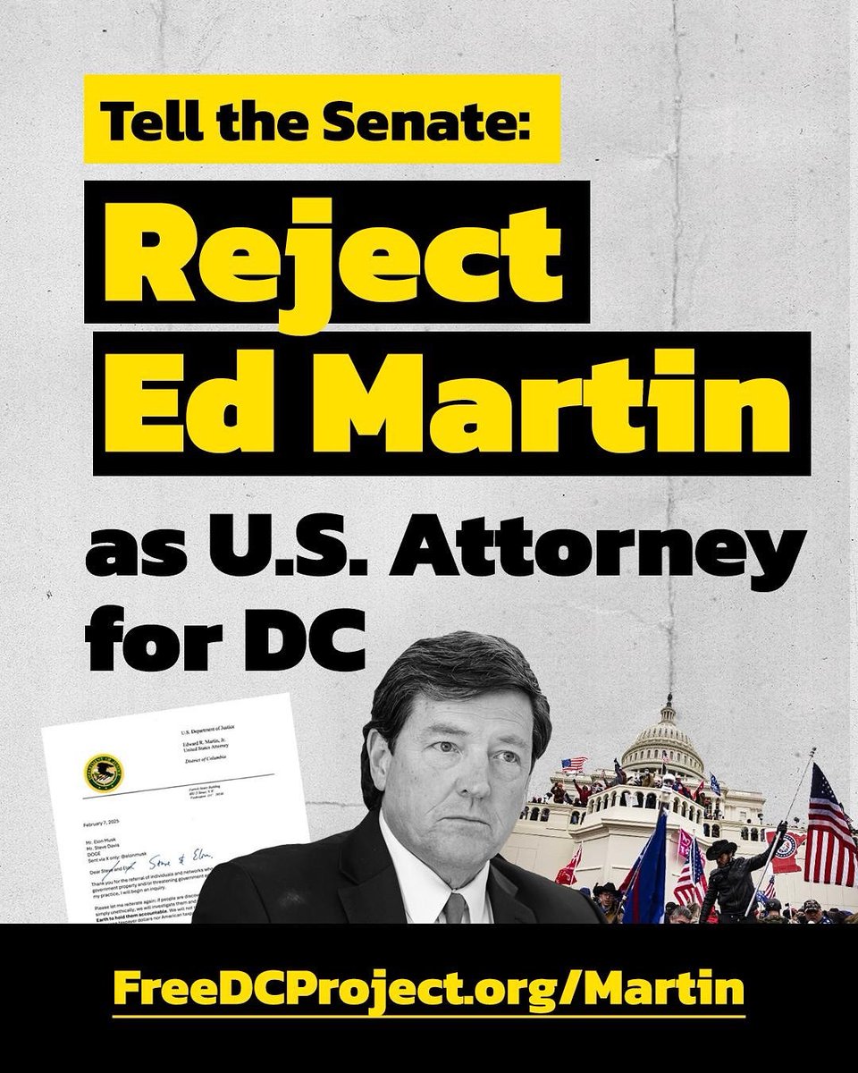 Ed Martin has shown a fundamental unfitness for U.S. Attorney for the District of Columbia through extreme, reckless rhetoric and ideological advocacy.

Tell the Senate to #RejectEdMartin: freedcproject.org/martin