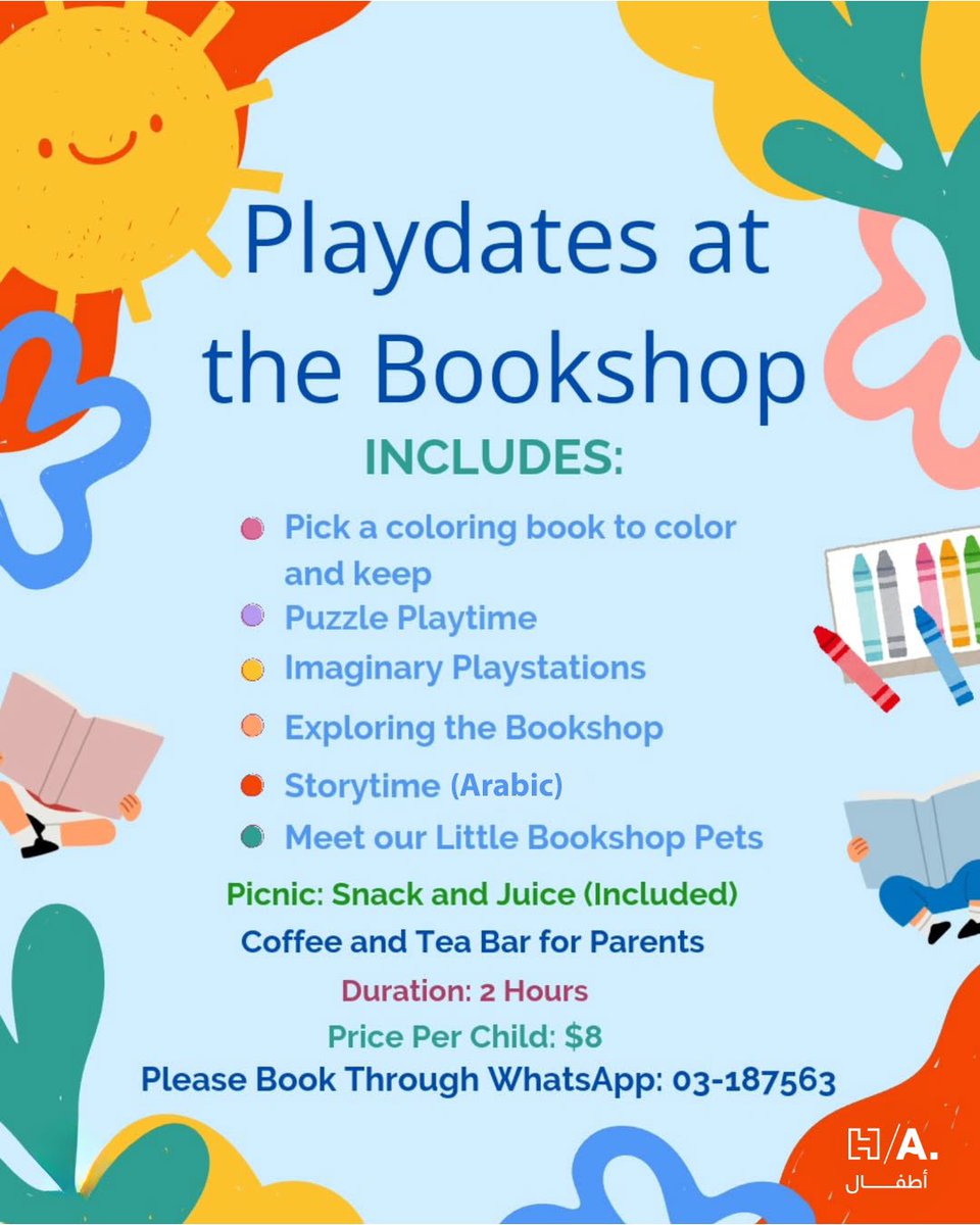 ⭐ احجزوا الآن أماكنكم لحضور وقت القصّة مع الذئب زيزفون في مكتبة "الحالمون الصغار Little Dreamers" مساء الجمعة القادم 9 أيّار عند الرابعة والنصف! لكلّ طفل مشارك كتاب تلوين هدية، وندعو الأهل للاستمتاع بالقهوة والشاي في المكتبة.🥰

☎️ +961 3 187563
WhatsApp: 03187563
#بيروت #لبنان