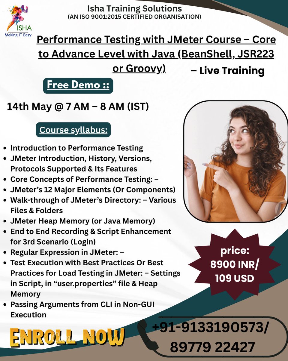 IshaKumargupta's tweet image. Isha Training Solutions presents &quot;Performance Testing with JMeter Course&quot; -Live Training.
Free Demo On: 
14th May@7AM(IST)/13th May@9:30PM(EST)
you can register by joining the below Link
docs.google.com/forms/d/e/1FAI…
call/WhatsApp@+91-91331 90573
#JMeter #ApacheJMeter #JMeterTesting