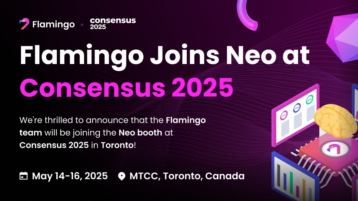 FlamingoFinance's tweet photo. 🦩 Flamingos! We're thrilled to announce that the Flamingo team will be joining @Neo_Blockchain at @consensus2025!

🗓️ May 14-16, 2025 
📌 MTCC, Toronto, Canada  

#Consensus2025 $FLM $FUSD $FLOCKS $NEO https://t.co/innDHkrjWn