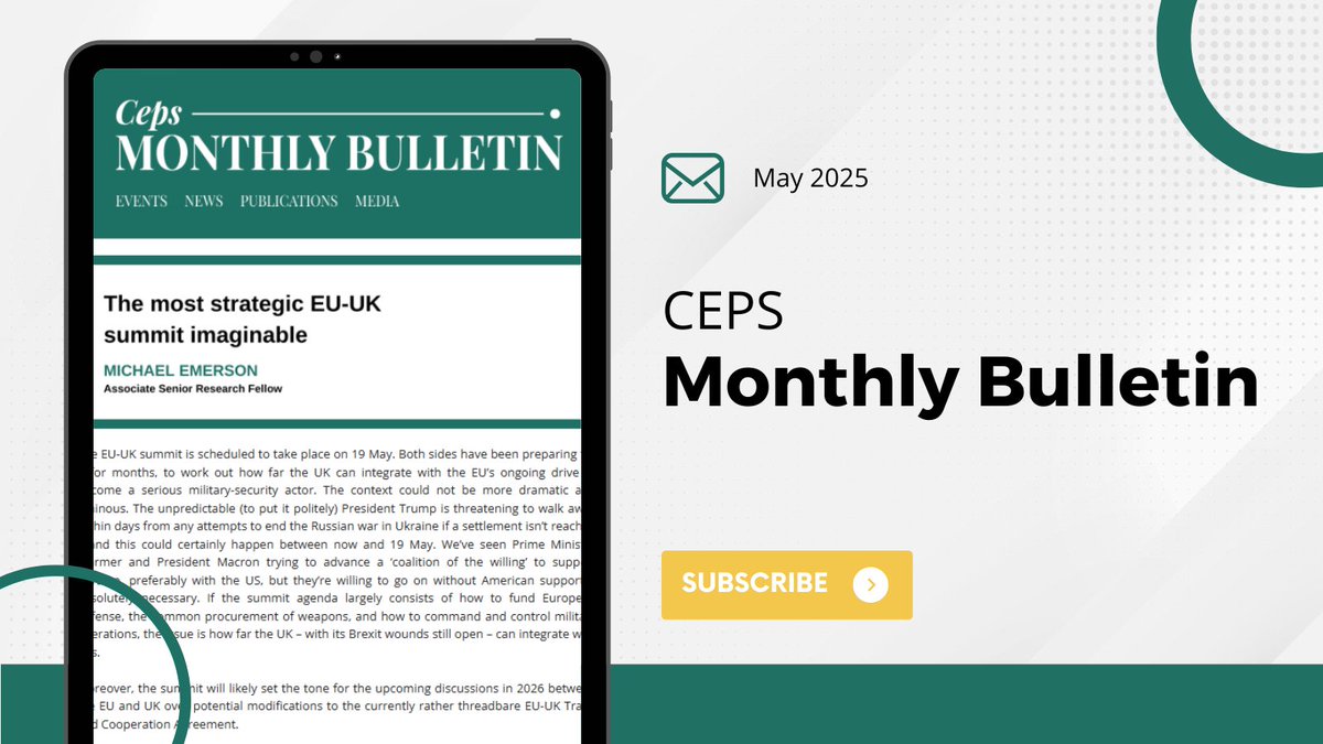 CEPS ThinkTank (@ceps_thinktank) on Twitter photo 📩 Our monthly bulletin is out! In this edition:
➡️ Michael Emerson’s piece on the most strategic EU-UK Summit imaginable
➡️ <a href="/profAndreaRenda/">Andrea Renda</a> on the ideas from #CEPSlab2024 that have become a reality
➡️ Latest pubs on EU economic security, EU defence, health and climate and 📩 Our monthly bulletin is out! In this edition:
➡️ Michael Emerson’s piece on the most strategic EU-UK Summit imaginable
➡️ <a href="/profAndreaRenda/">Andrea Renda</a> on the ideas from #CEPSlab2024 that have become a reality
➡️ Latest pubs on EU economic security, EU defence, health and climate and