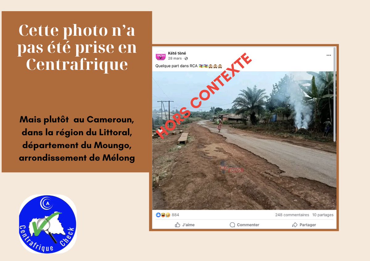 Centrafrique Check (@caccheck) on Twitter photo ❌ Cette photo n’a pas été prise en Centrafrique, mais plutôt au Cameroun.
✅Il est important de vérifier les sources et les lieux exacts avant de tirer des conclusions ou de relayer des images. 
Lire l’intégralité de l’article ici ⤵️
centrafriquecheck.org/cette-photo-na… ❌ Cette photo n’a pas été prise en Centrafrique, mais plutôt au Cameroun.
✅Il est important de vérifier les sources et les lieux exacts avant de tirer des conclusions ou de relayer des images. 
Lire l’intégralité de l’article ici ⤵️
centrafriquecheck.org/cette-photo-na…