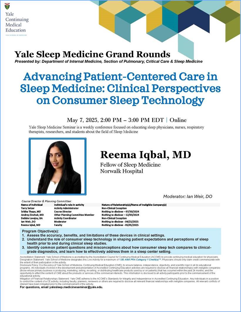 It's #EducationWednesday once again! 🥳
Don't miss today's #YaleGreatTalks 👇🏻
YALE-PCCSM GRAND ROUNDS
🕒3pm
🥼Klar Yaggi, MD, MPH
💭Unlocking the Upper Airway: Respiratory Neurobiology, Pharmacotherapy, and the New Frontier in Treating Sleep-Disordered Breathing
📍Fitkin / zoom
