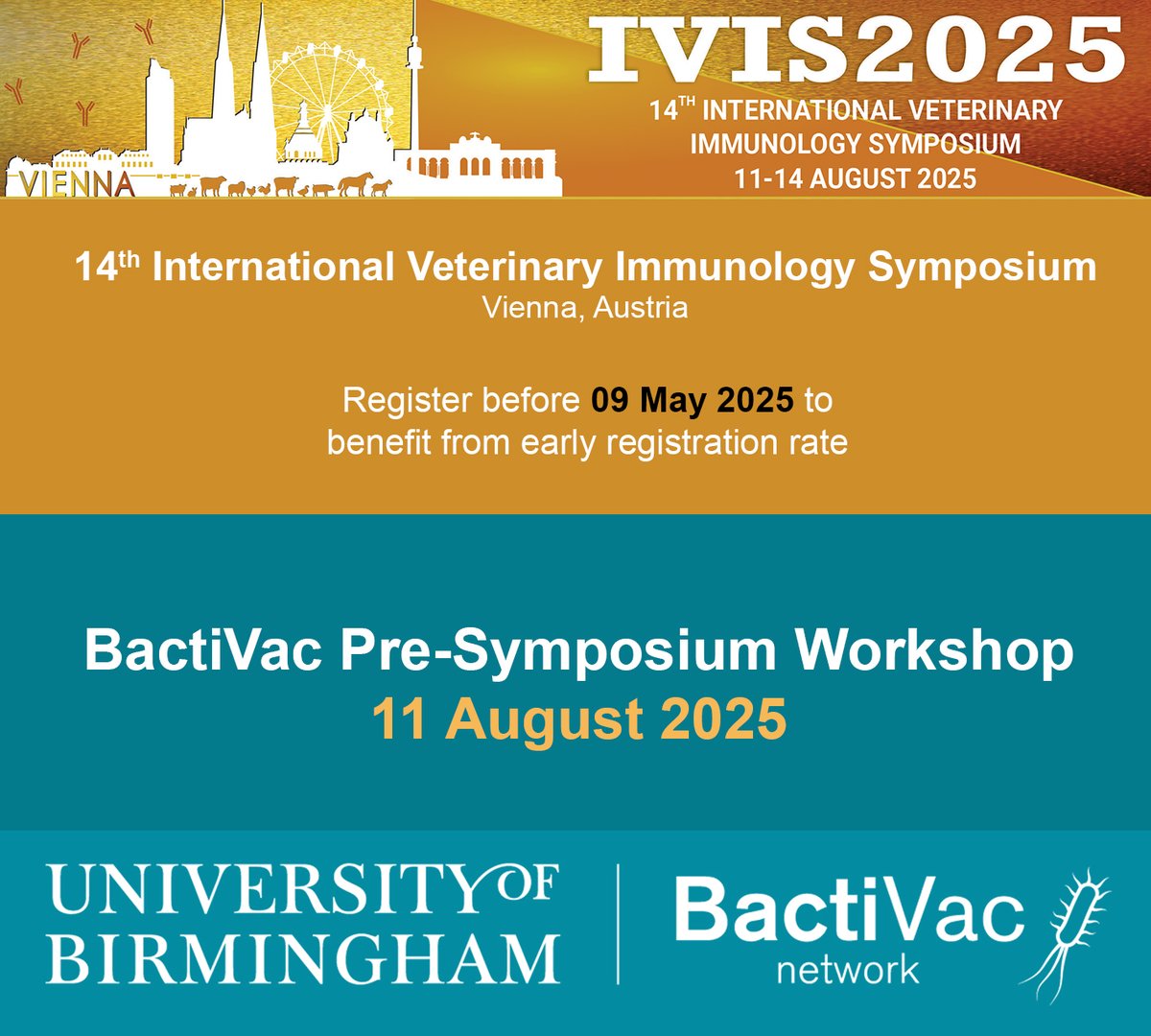 BactiVac Network (@bactivac) on Twitter photo 📢Last chance to benefit from early registration for #IVIS2025
<a href="/BactiVac/">BactiVac Network</a> will be hosting a Pre-Symposium Workshop on 11 August 2025 as part of this year’s International Veterinary Immunology Symposium.
Register for the event before 09 May 2025 for discounted early registration 📢Last chance to benefit from early registration for #IVIS2025
<a href="/BactiVac/">BactiVac Network</a> will be hosting a Pre-Symposium Workshop on 11 August 2025 as part of this year’s International Veterinary Immunology Symposium.
Register for the event before 09 May 2025 for discounted early registration