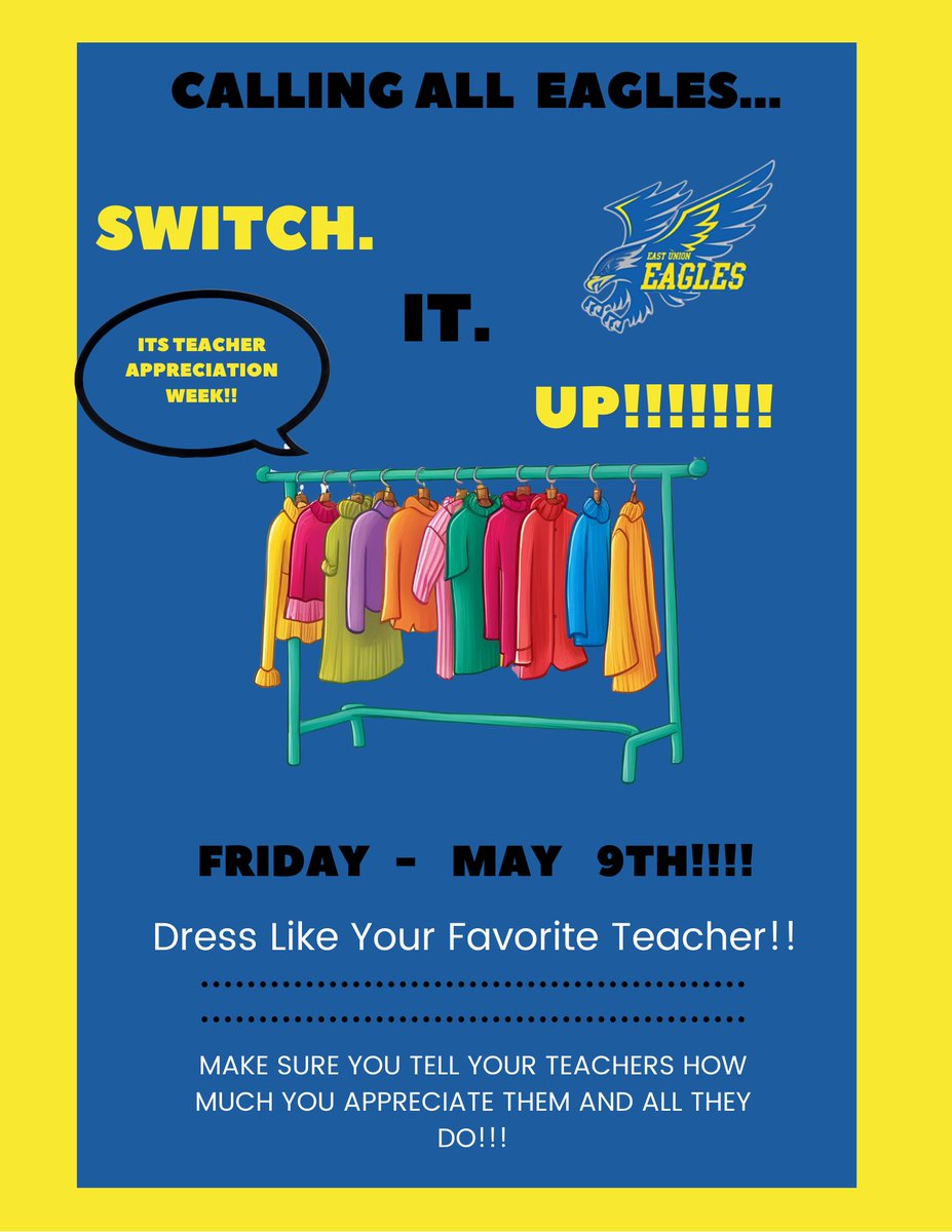 East Union Middle School (@eastunionmsnc) on Twitter photo This Friday, students, dress up as your favorite teacher as we wrap up Teacher and Staff Appreciation Week!
@ucpsnc @aghoulihan <a href="/BashawnHarris/">Bashawn Harris</a> This Friday, students, dress up as your favorite teacher as we wrap up Teacher and Staff Appreciation Week!
@ucpsnc @aghoulihan <a href="/BashawnHarris/">Bashawn Harris</a>