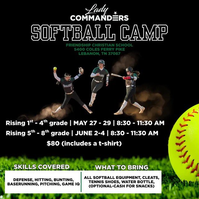 Hey it’s almost Softball Camp time! Go sign up for our upcoming Lady Commander Softball Camp! 

 form.jotform.com/251204022657144