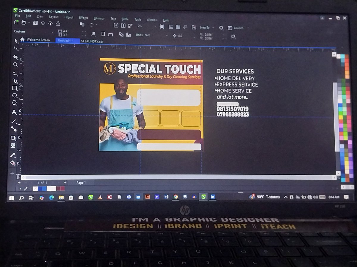 iwant_design4u's tweet photo. It's Wednesday 
What are you working on today 🤔 

Me: Working on a Laundry design. With a brand name #SPECIALTOUCH professional laundry and Dry Cleaning Services......

A: 5.7 by 3.7ft Banner
B: 4.1 by 3.7ft Banner....

Wait for my result..ee dey cook as e dey hot 🔥 https://t.co/Tuc19WupWo