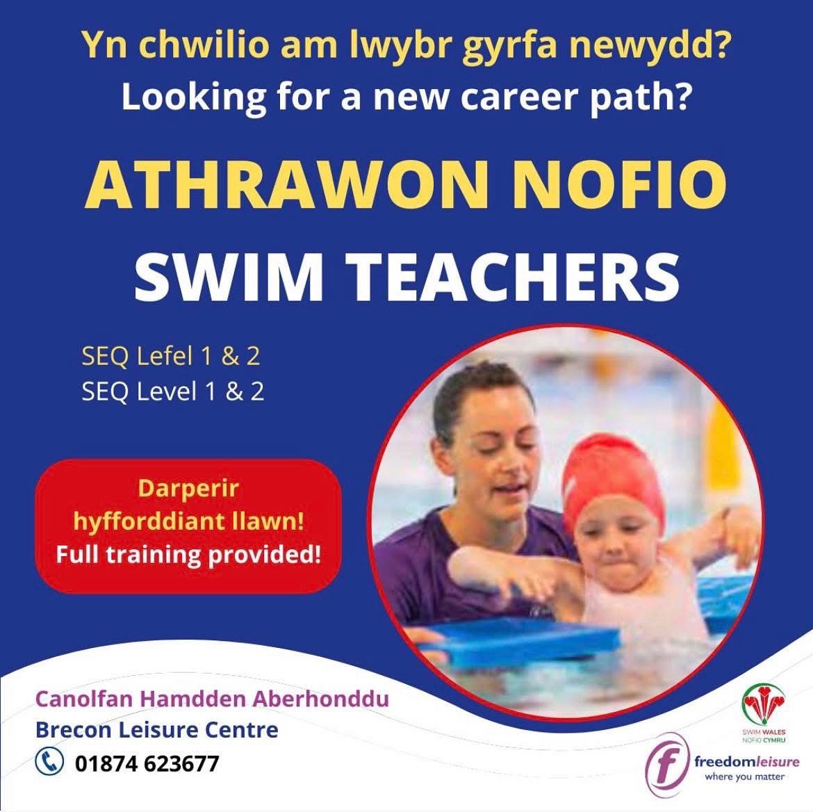 Ydych chi'n Athro Nofio cymwys?

Gallwn darparu hyfforddiant a chyllid er mwyn eich cumhwyso.
-
Are you a qualified Swim Teacher?

We can provide training and funding in order to get you qualified.

brecon@freedom-leisure.co.uk