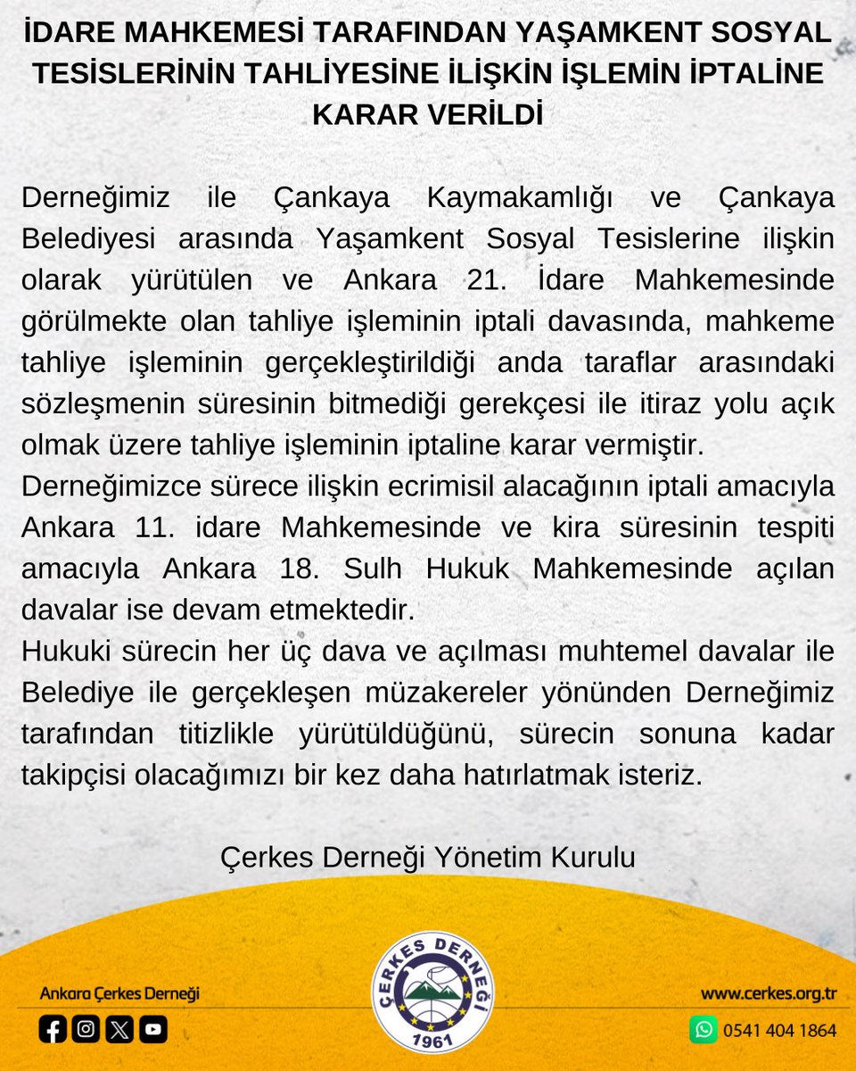 İDARE MAHKEMESİ TARAFINDAN YAŞAMKENT SOSYAL TESİSLERİNİN TAHLİYESİNE İLİŞKİN İŞLEMİN İPTALİNE KARAR VERİLDİ

Derneğimiz ile Çankaya Kaymakamlığı ve Çankaya Belediyesi arasında Yaşamkent Sosyal Tesislerine ilişkin olarak yürütülen ve Ankara 21. İdare Mahkemesinde görülmekte olan