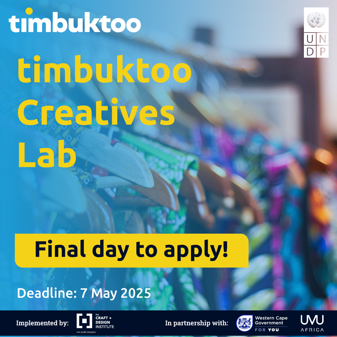 Craft + Design Institute (CDI) (@craft_anddesign) on Twitter photo Final call to apply for the timbuktoo Creatives Lab!
We’re looking for creative entrepreneurs ready to scale in 2025!
Apply here today: thecdi.org.za/page/timbuktoo
<a href="/UNDPSouthAfrica/">UNDP South Africa</a> <a href="/UVUAfrica/">UVU Africa</a> <a href="/WesternCapeGov/">Western Cape Gov</a> Final call to apply for the timbuktoo Creatives Lab!
We’re looking for creative entrepreneurs ready to scale in 2025!
Apply here today: thecdi.org.za/page/timbuktoo
<a href="/UNDPSouthAfrica/">UNDP South Africa</a> <a href="/UVUAfrica/">UVU Africa</a> <a href="/WesternCapeGov/">Western Cape Gov</a>