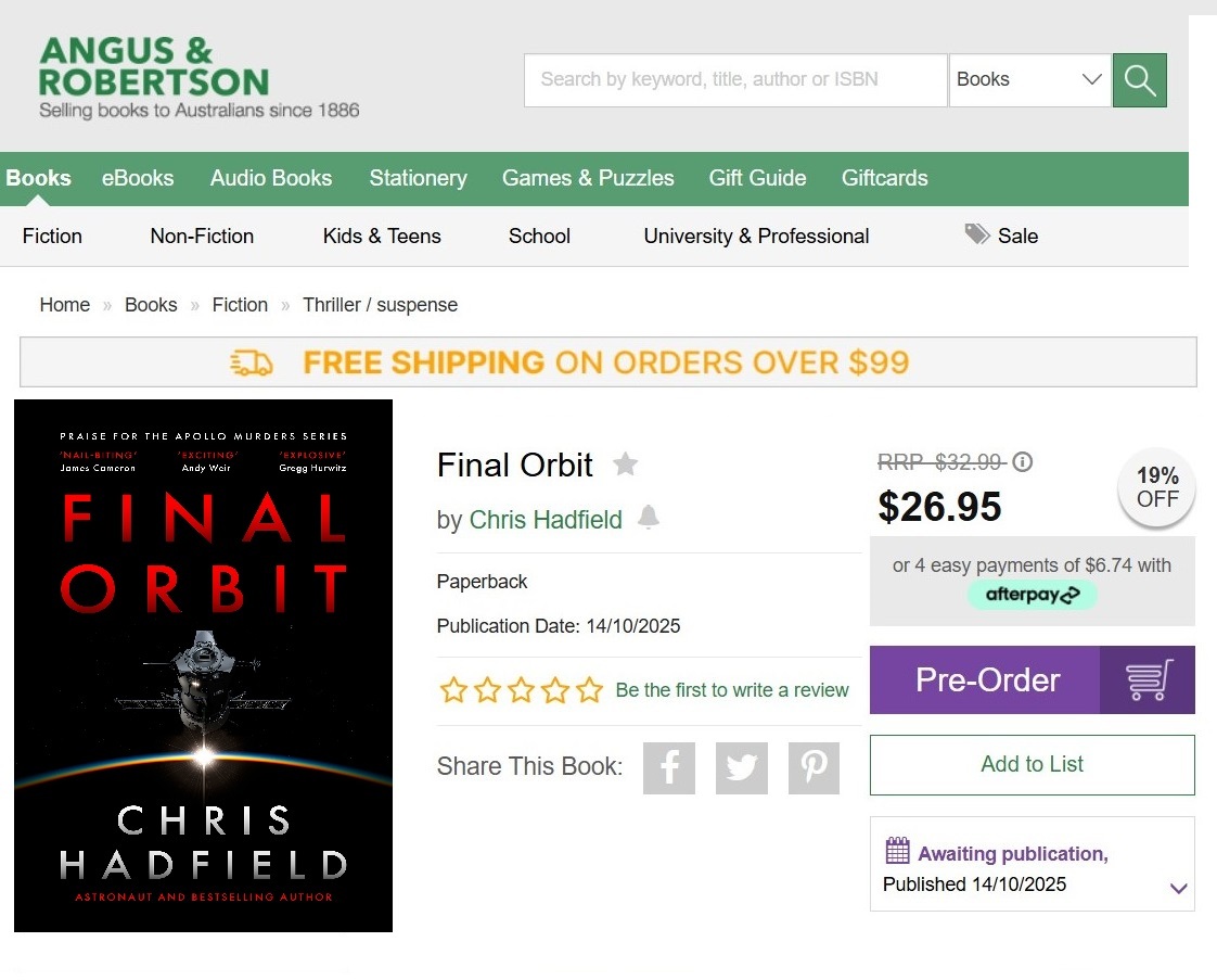 Chris Hadfield (@cmdr_hadfield) on Twitter photo Great to see my new thriller, Final Orbit, on sale in Australia! It's a ripper of a book :)
angusrobertson.com.au/books/final-or⦠<a href="/book_world/">Angus & Robertson</a> Great to see my new thriller, Final Orbit, on sale in Australia! It's a ripper of a book :)
angusrobertson.com.au/books/final-or⦠<a href="/book_world/">Angus & Robertson</a>