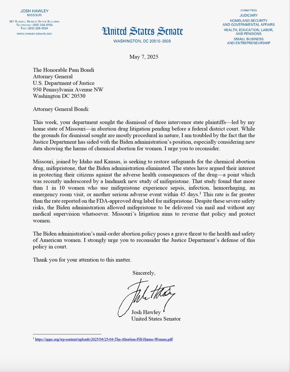 BREAKING: Senator Josh Hawley (R-MO) asks AG Pam Bondi and the Trump admin to stop defending in court a federal rule allowing broader access to abortion pills.

"The Biden administration’s mail-order abortion policy poses a grave threat to the health and safety of American women.