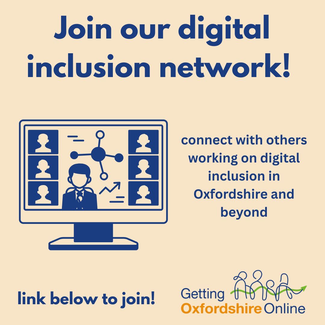 Join our network for newsletters, quarterly online meetings and a great way to meet others working in this space gettingoxfordshireonline.org/join-our-netwo… 

#digitalinclusion
<a href="/shareoxford_lot/">SHARE Oxford</a>
<a href="/bicgreen/">Bicester Green</a>
<a href="/aspireoxonline/">Aspire Oxford</a>