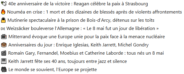 tvhier80's tweet photo. Flashback Actu - 8 mai 1985
🎥 Revivez ce moment
🎞️ Discours Reagan
https://t.co/LRJKuw6mSu
📰 Émeutes à Nouméa
https://t.co/57k22nBskD
📻 Weizsäcker 1985
https://t.co/DgGydRTLIq
📚 Discours Mitterrand – 7 mai 1985
https://t.co/YHTBY3SPD6 https://t.co/Ee5wyHERg7