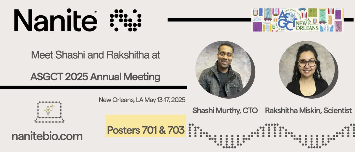 nanite (@nanitebio) on Twitter photo Nanite will be at the #ASGCT2025 next week, showcasing the range and versatility of polymer nanoparticles (PNPs) in delivering durable, transient, and redosable genetic drugs in vivo 👩🔬🤖🧪🧬🧫🐁 <a href="/ASGCTherapy/">ASGCT</a> <a href="/CRS_FG_Gene/">CRS Focus Group - Gene Delivery and Gene Editing</a> <a href="/CRS_FG_Immuno/">CRS Immuno Delivery</a> <a href="/ML_Chem/">Machine Learning in Chemistry</a> Nanite will be at the #ASGCT2025 next week, showcasing the range and versatility of polymer nanoparticles (PNPs) in delivering durable, transient, and redosable genetic drugs in vivo 👩🔬🤖🧪🧬🧫🐁 <a href="/ASGCTherapy/">ASGCT</a> <a href="/CRS_FG_Gene/">CRS Focus Group - Gene Delivery and Gene Editing</a> <a href="/CRS_FG_Immuno/">CRS Immuno Delivery</a> <a href="/ML_Chem/">Machine Learning in Chemistry</a>