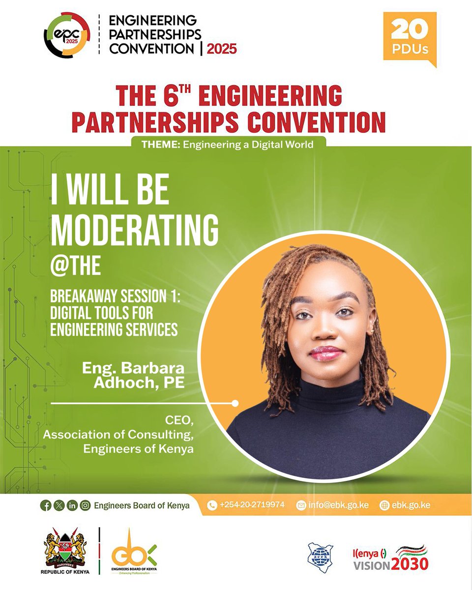 Breakaway Session 1: Digital Tools for Engineering Services is underway at the 6th Engineering Partnerships Convention, with Eng. Barbara Adhoch, CEO of the Association of Consulting Engineers of Kenya, moderating. Join the conversation and share your thoughts using #EPC2025.