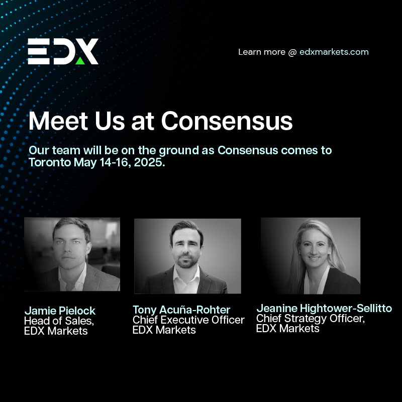 The EDX Markets team is heading to #ConsensusToronto 2025! From May 14-16, Jeanine Hightower-Sellitto and Head of Institutional Sales Jamie Pielock will be on-site to participate in pivotal discussions around the future of blockchain &amp; digital assets. See you in Toronto!