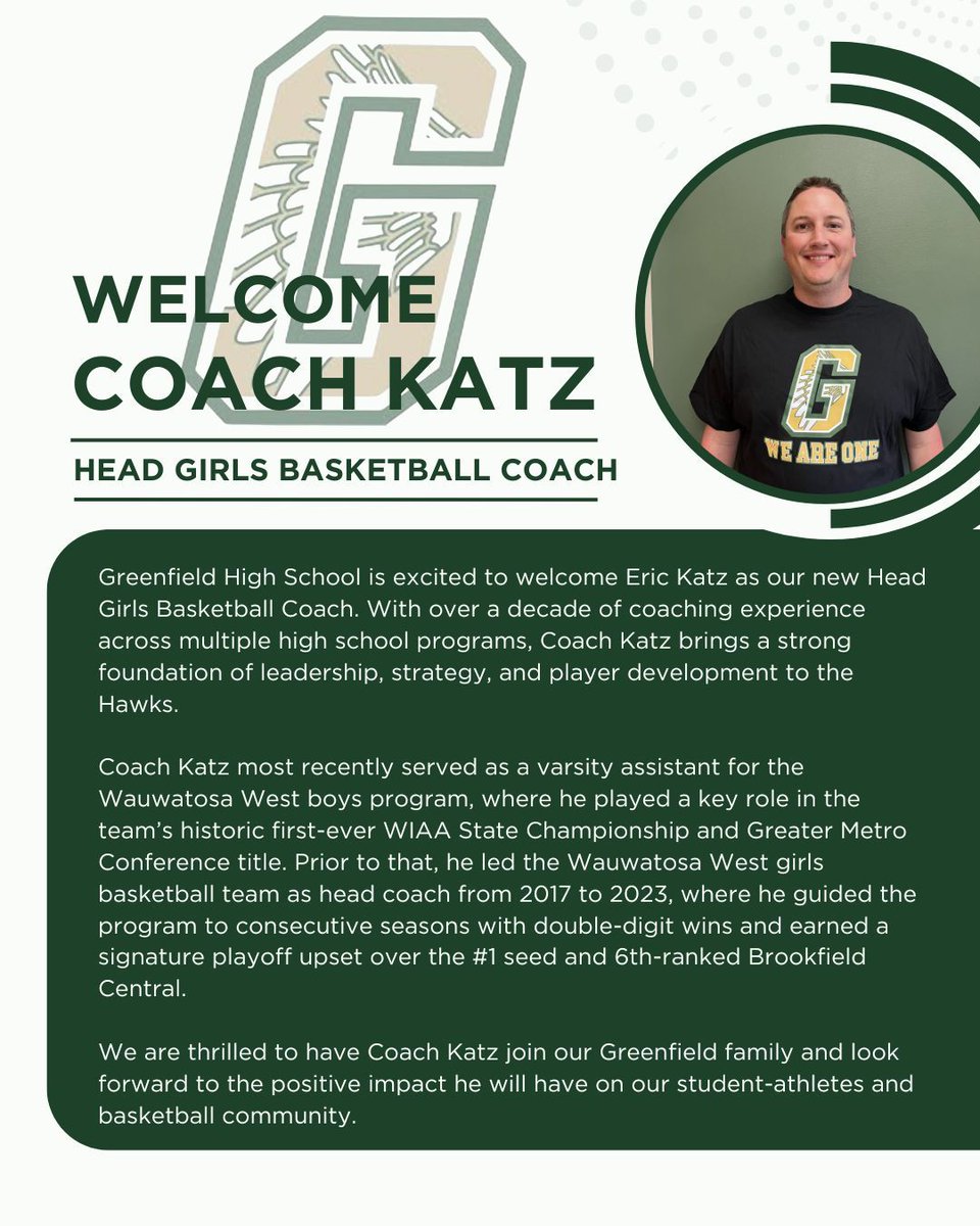 Welcome to the Hustle! Please join us in welcoming our new Head Girls Basketball Coach, Coach Katz! #hustlinhawks #hawksflyhigh #girlsbasketball