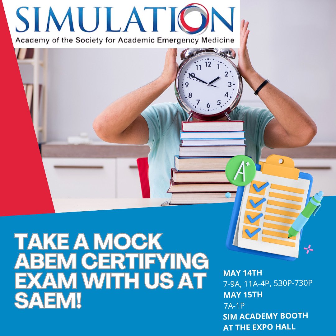 SAEMSimAcademy's tweet image. We will be running mock ABEM certifying exam cases at SAEM next week! We have created sample cases from each of the eight types of ABEM topics. This is a great opportunity to practice facilitating / taking a mock exam scenario! We would love to get your feedback on it!